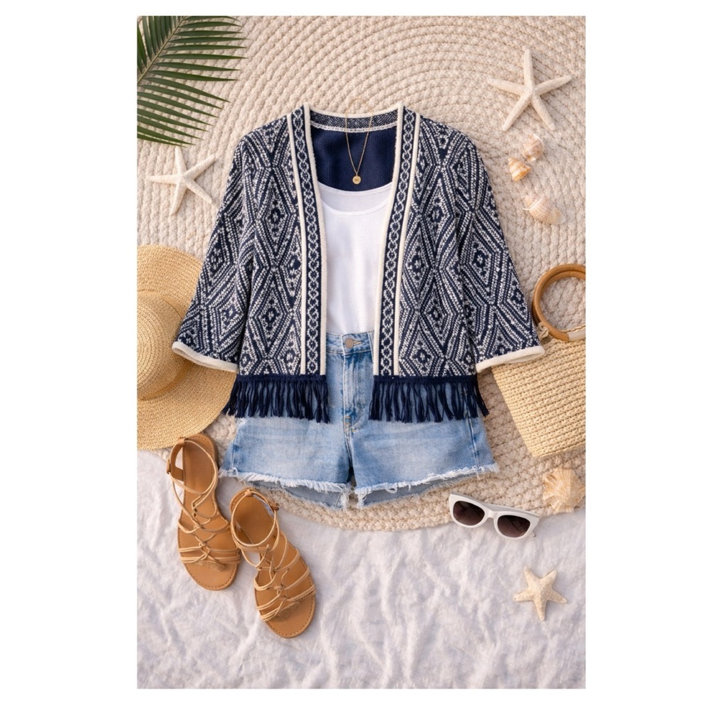 Ruby Rd. Navy and White Geometric Fringe Cardigan - Picture 5 of 15